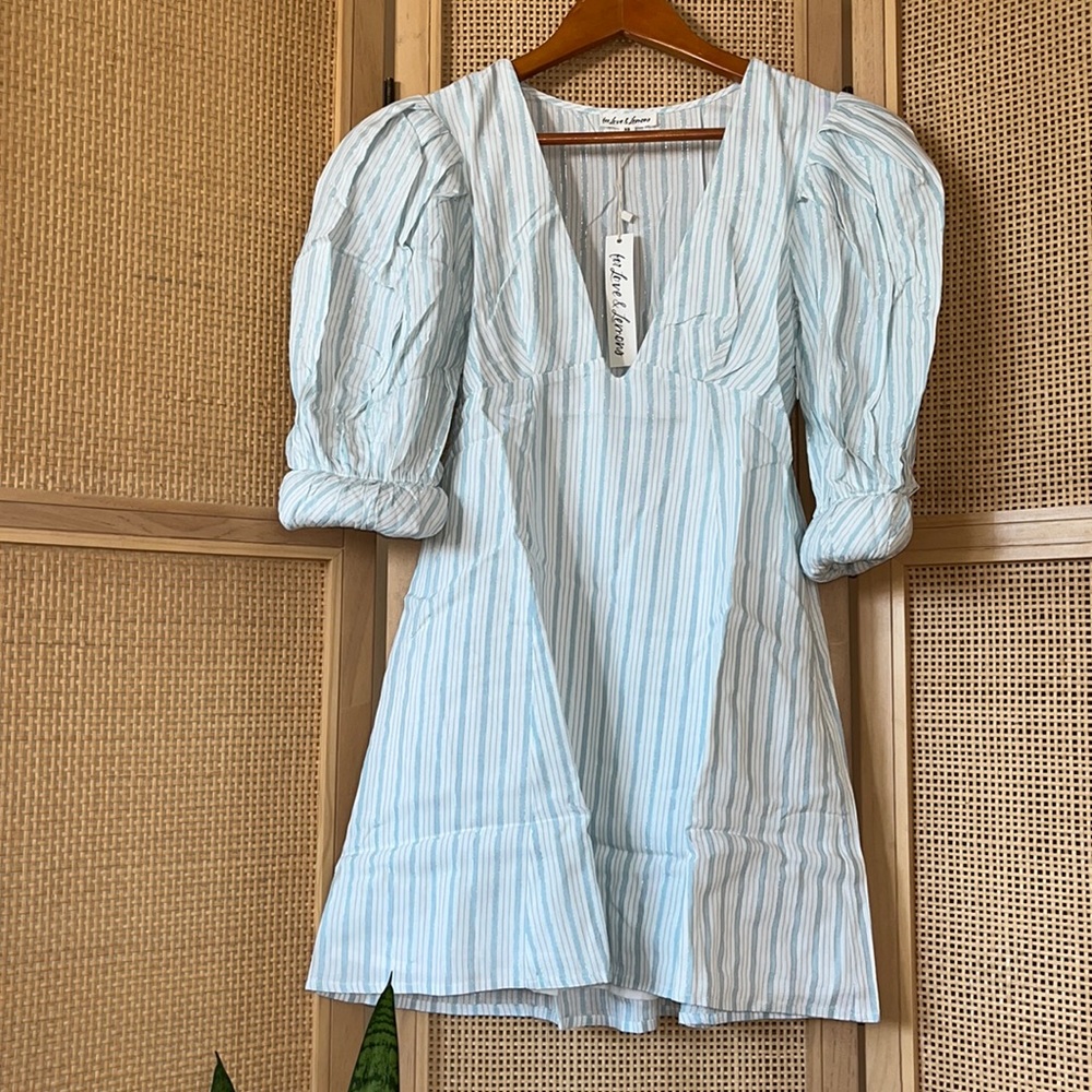For Love & Lemons Leslie Blue Striped Puff Sleeve Mini Dress